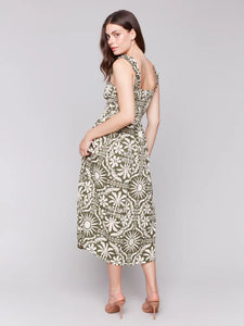 PRINTED SLEEVELESS MIDI DRESS W/ SHIRRING DETAIL-Dress-CHARLIE B-Coriander