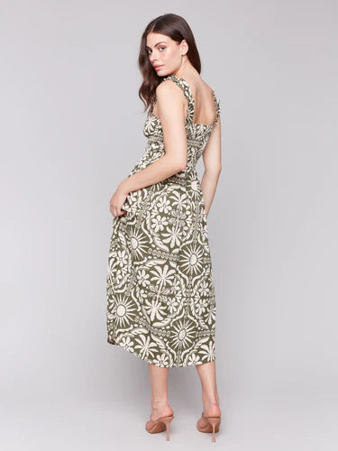 PRINTED SLEEVELESS MIDI DRESS W/ SHIRRING DETAIL-Dress-CHARLIE B-Coriander