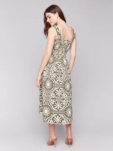 PRINTED SLEEVELESS MIDI DRESS W/ SHIRRING DETAIL-Dress-CHARLIE B-Coriander