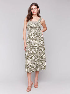 PRINTED SLEEVELESS MIDI DRESS W/ SHIRRING DETAIL-Dress-CHARLIE B-XSMALL-CELADON-Coriander