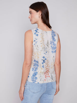 PRINTED SLEEVELESS RAW LINEN TOP WITH BUTTONS-Tops-CHARLIE B-Coriander