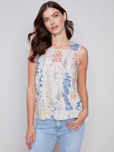 PRINTED SLEEVELESS RAW LINEN TOP WITH BUTTONS-Tops-CHARLIE B-XSMALL-GARDEN-Coriander