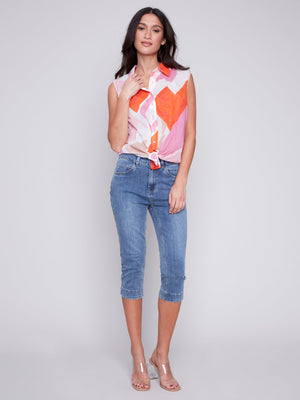 PRINTED VOILE SLEEVELESS TOP-Tops-CHARLIE B-Coriander