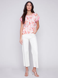 PRINTED WOVEN LINEN KNIT COMBO TOP-Tops-CHARLIE B-Coriander