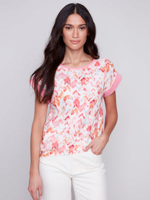 PRINTED WOVEN LINEN KNIT COMBO TOP-Tops-CHARLIE B-SMALL-TANGERINE-Coriander