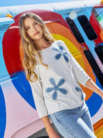 PULLOVER SWEATER | 3/4 SLEEVE WITH DENIM FLOWERS-Jackets & Sweaters-CHARLIE B-SMALL-HEATHER OATMEAL-Coriander