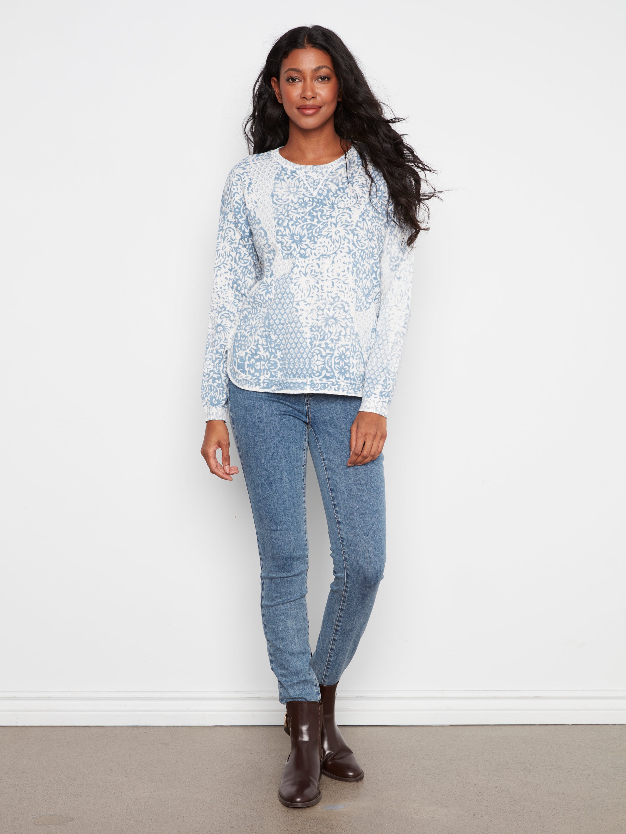PULLOVER SWEATER | CREW NECK: DAMASK-Jackets & Sweaters-CHARLIE B-Coriander