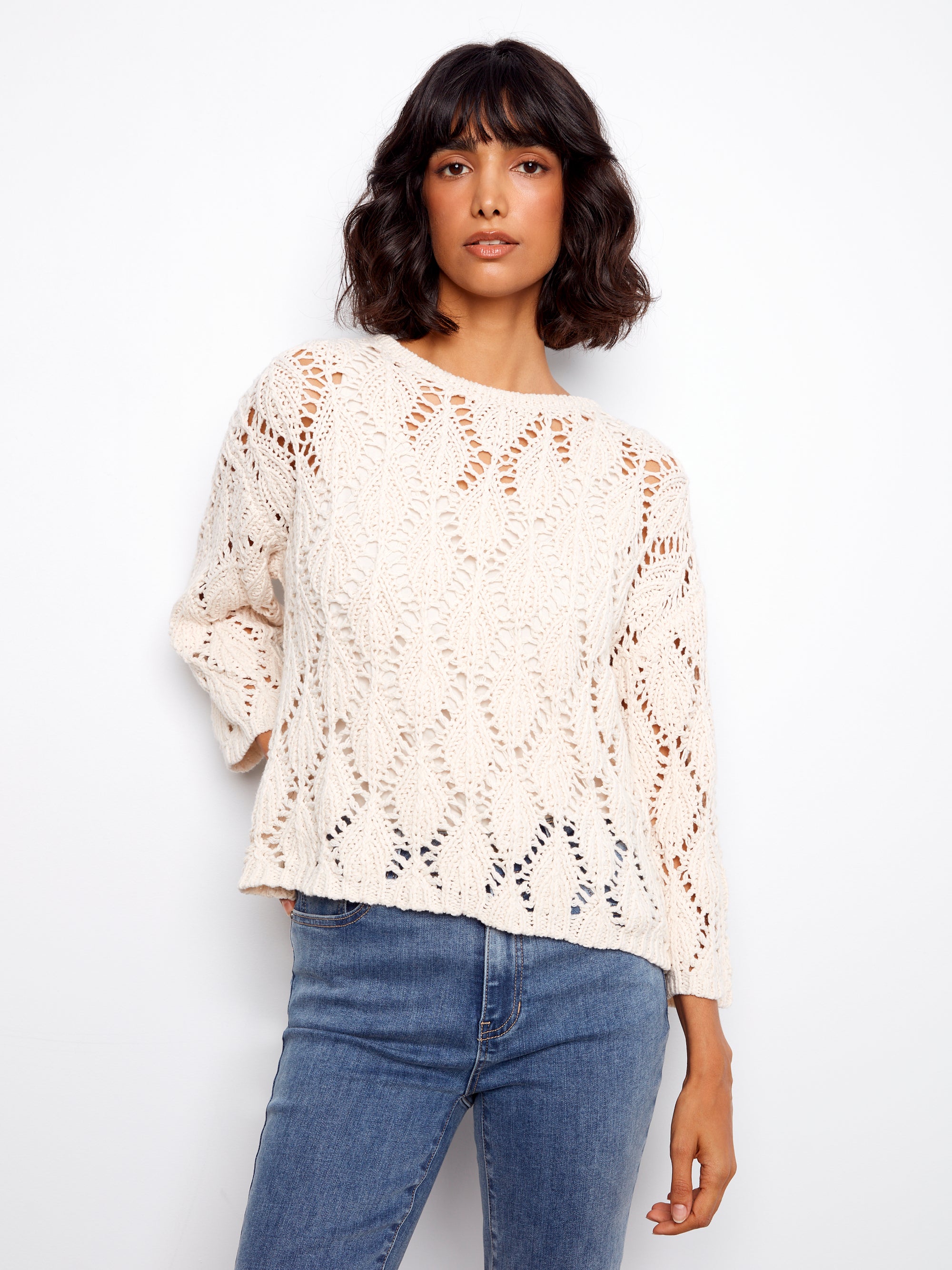 PULLOVER SWEATER | CROCHET 3/4 SLEEVE-Jackets & Sweaters-CHARLIE B-Coriander