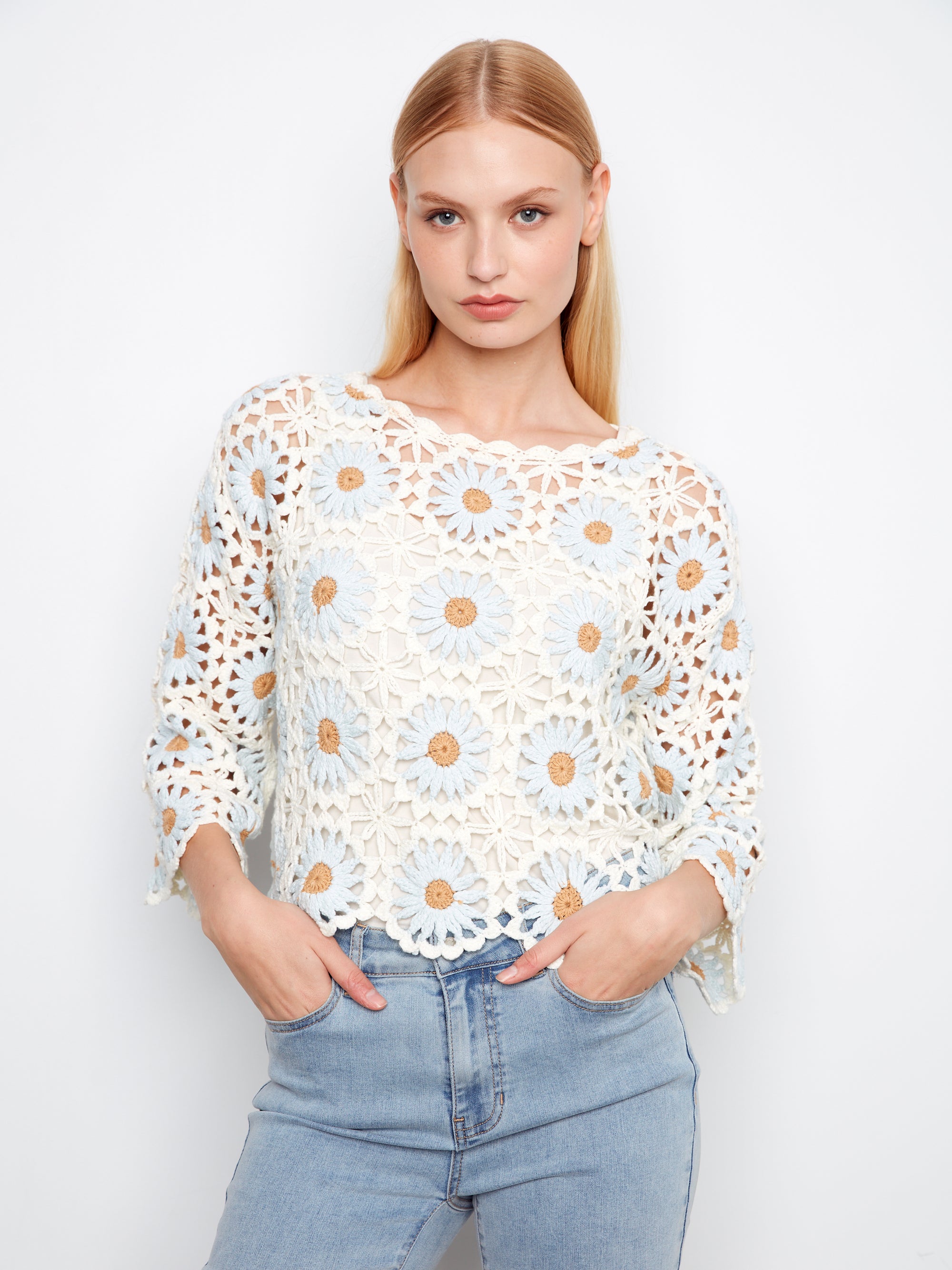 PULLOVER SWEATER | FLORAL HAND-CROCHET-Jackets & Sweaters-CHARLIE B-SMALL-POWDER-Coriander