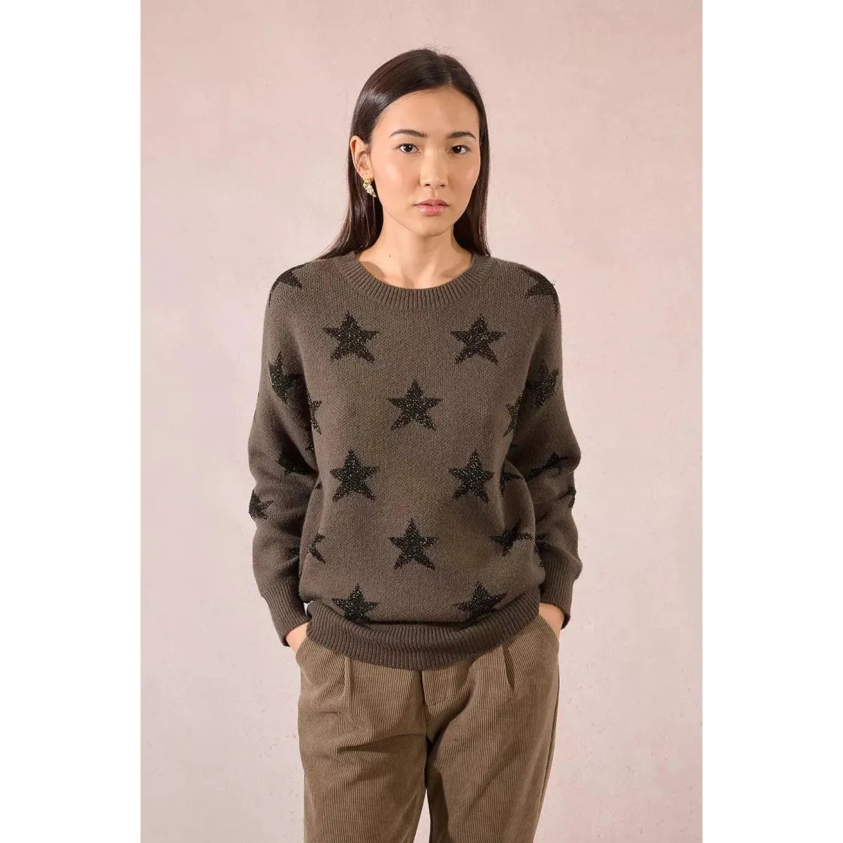 PULLOVER SWEATER | GLITTERY STARS-Jackets & Sweaters-MOLLY BRACKEN-SMALL-KHAKI-Coriander