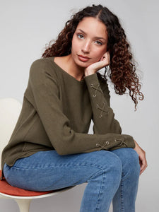 PULLOVER SWEATER | LACE-UP CUFFS-Jackets & Sweaters-CHARLIE B-Coriander