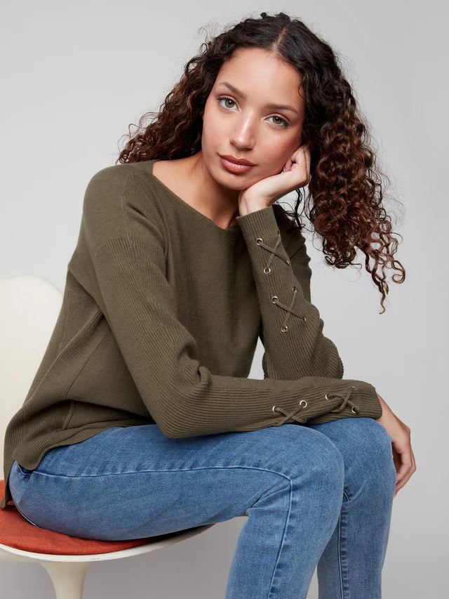 PULLOVER SWEATER | LACE-UP CUFFS-Jackets & Sweaters-CHARLIE B-Coriander