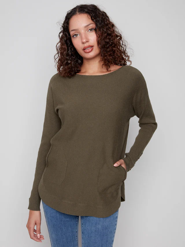 PULLOVER SWEATER | LACE-UP CUFFS-Jackets & Sweaters-CHARLIE B-XSMALL-SPRUCE-Coriander