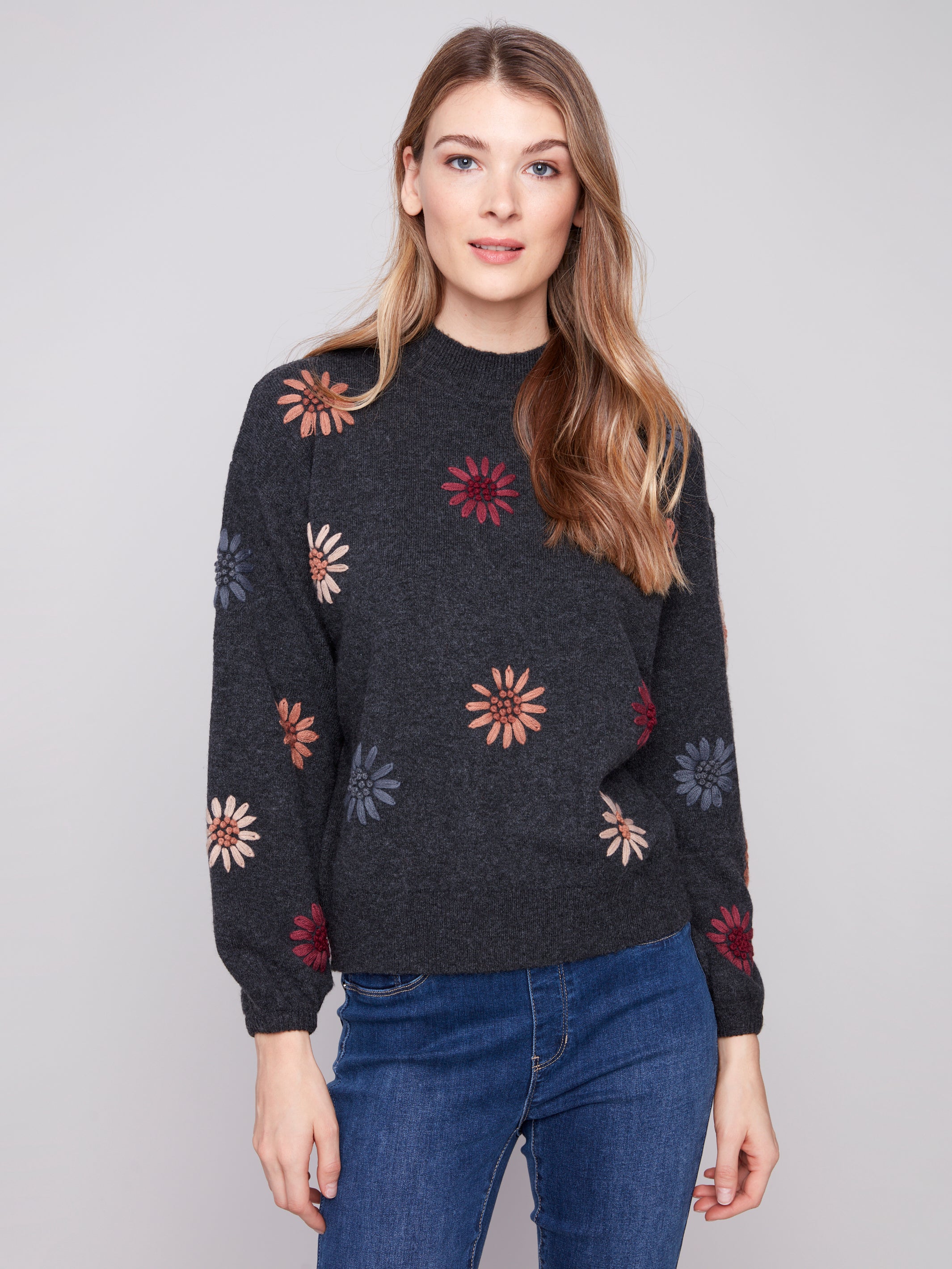 PULLOVER SWEATER | MOCK NECK WITH FLORAL EMBROIDERY-Jackets & Sweaters-CHARLIE B-Coriander