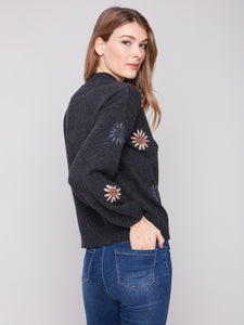 PULLOVER SWEATER | MOCK NECK WITH FLORAL EMBROIDERY-Jackets & Sweaters-CHARLIE B-Coriander