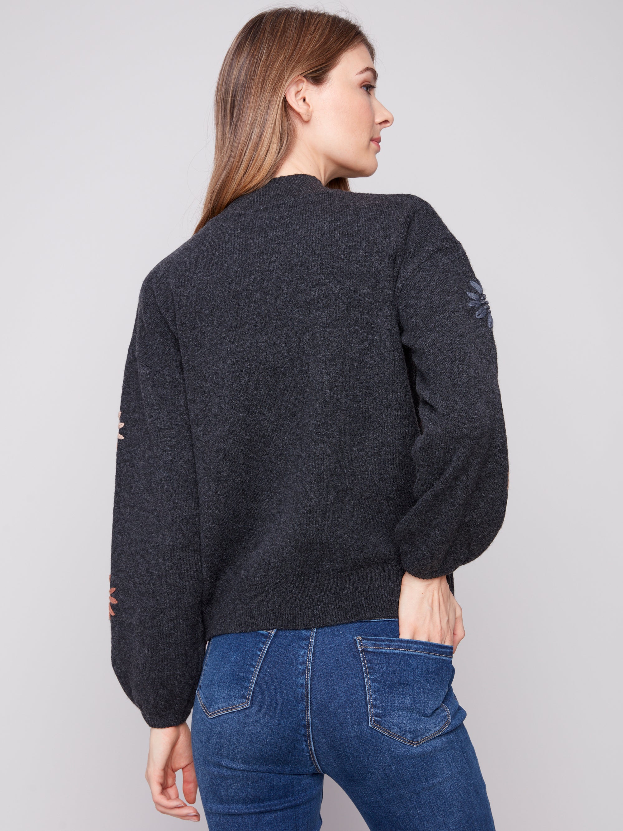 PULLOVER SWEATER | MOCK NECK WITH FLORAL EMBROIDERY-Jackets & Sweaters-CHARLIE B-Coriander