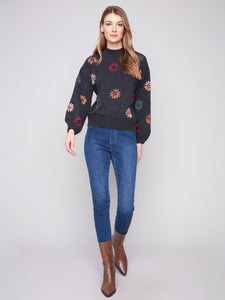 PULLOVER SWEATER | MOCK NECK WITH FLORAL EMBROIDERY-Jackets & Sweaters-CHARLIE B-Coriander