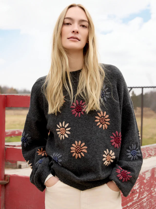 PULLOVER SWEATER | MOCK NECK WITH FLORAL EMBROIDERY-Jackets & Sweaters-CHARLIE B-XSMALL-HEATHER CHARCOAL-Coriander