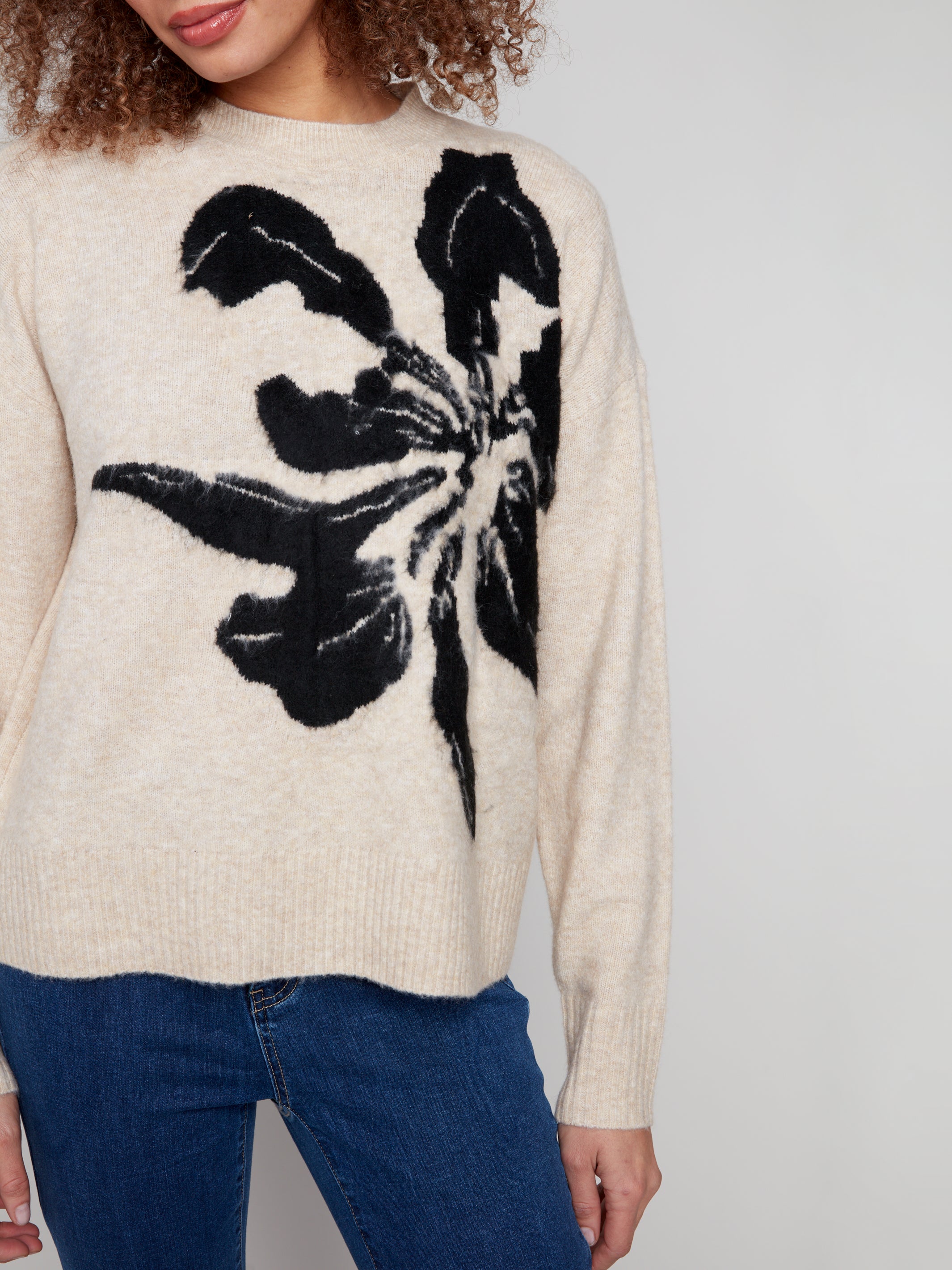 PULLOVER SWEATER | PLACED JACQUARD CREW NECK-Jackets & Sweaters-CHARLIE B-XSMALL-FLOWERS-Coriander