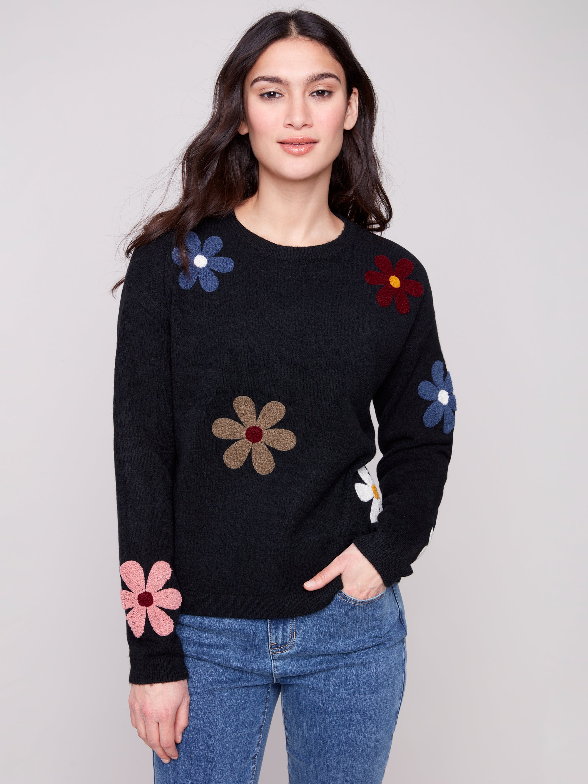 PULLOVER SWEATER | PLUSH WITH FLOWERS-Jackets & Sweaters-CHARLIE B-Coriander