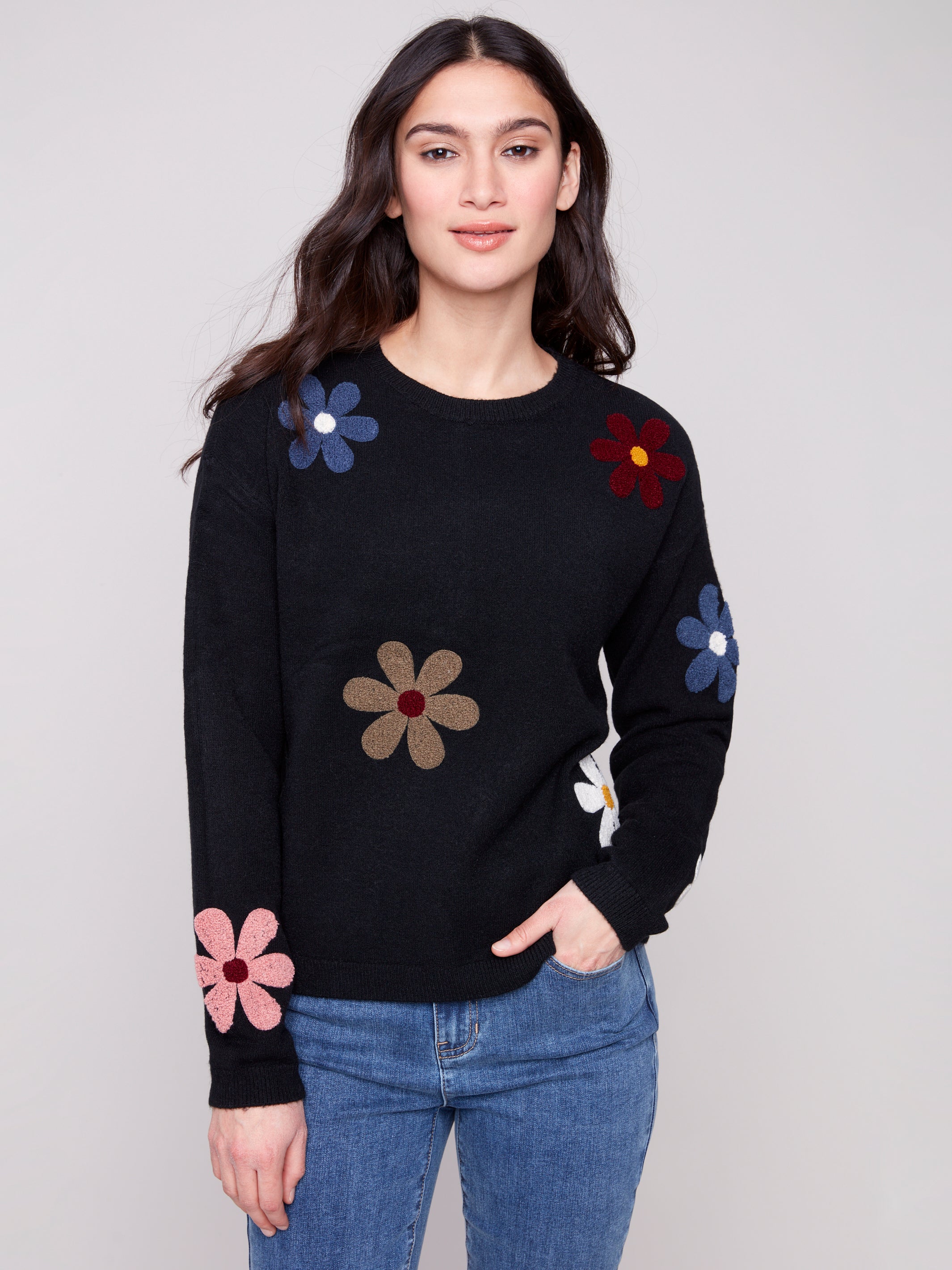 PULLOVER SWEATER | PLUSH WITH FLOWERS-Jackets & Sweaters-CHARLIE B-Coriander