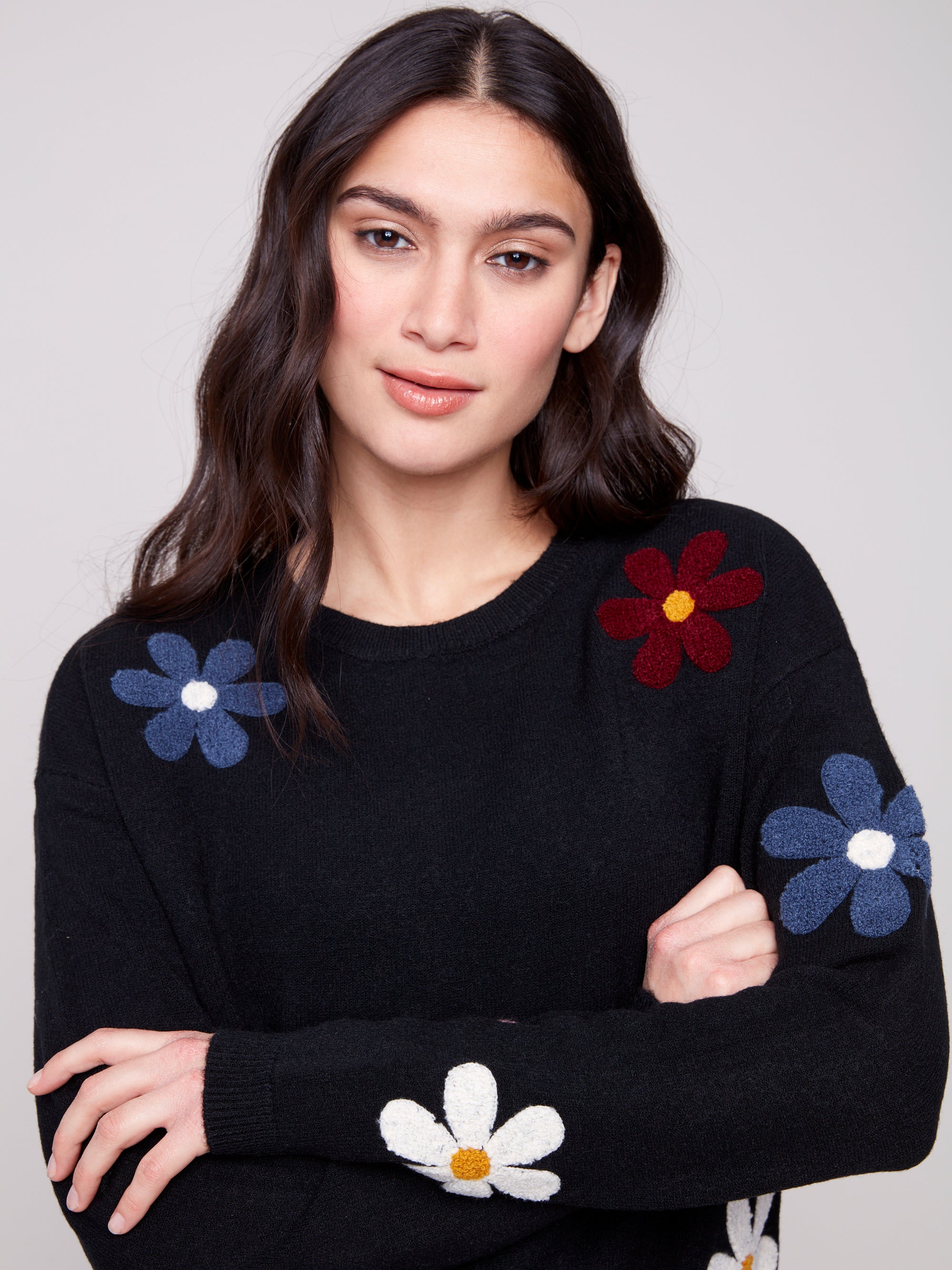 PULLOVER SWEATER | PLUSH WITH FLOWERS-Jackets & Sweaters-CHARLIE B-XSMALL-Black-Coriander