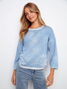 PULLOVER SWEATER | REVERSE PRINT 3/4 SLEEVE WITH CURVED HEM-Jackets & Sweaters-CHARLIE B-XSMALL-BLUE BELL-Coriander