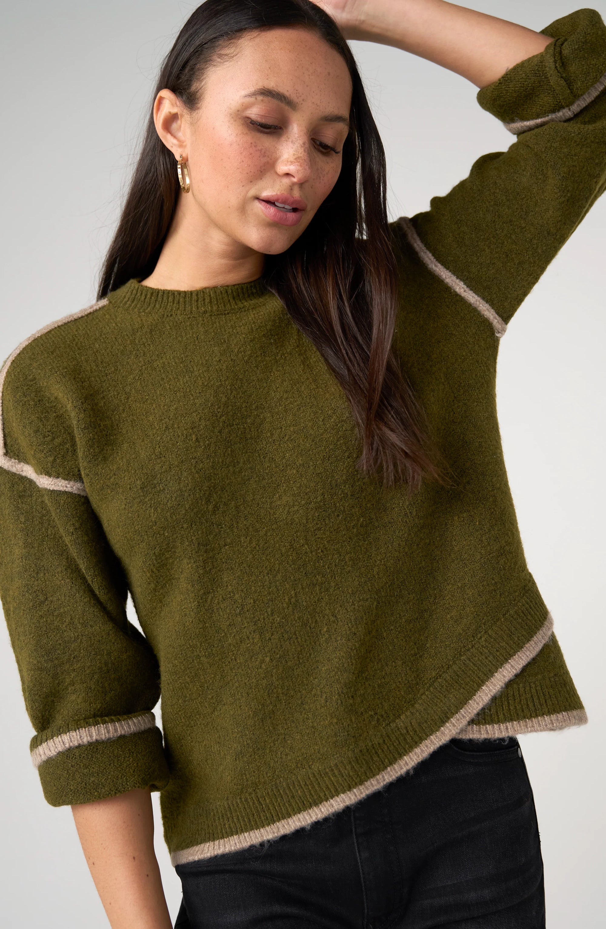 PULLOVER SWEATER | TULIP HEM-Jackets & Sweaters-LIVERPOOL-SMALL-OLIVE WITH MUSHROOM-Coriander
