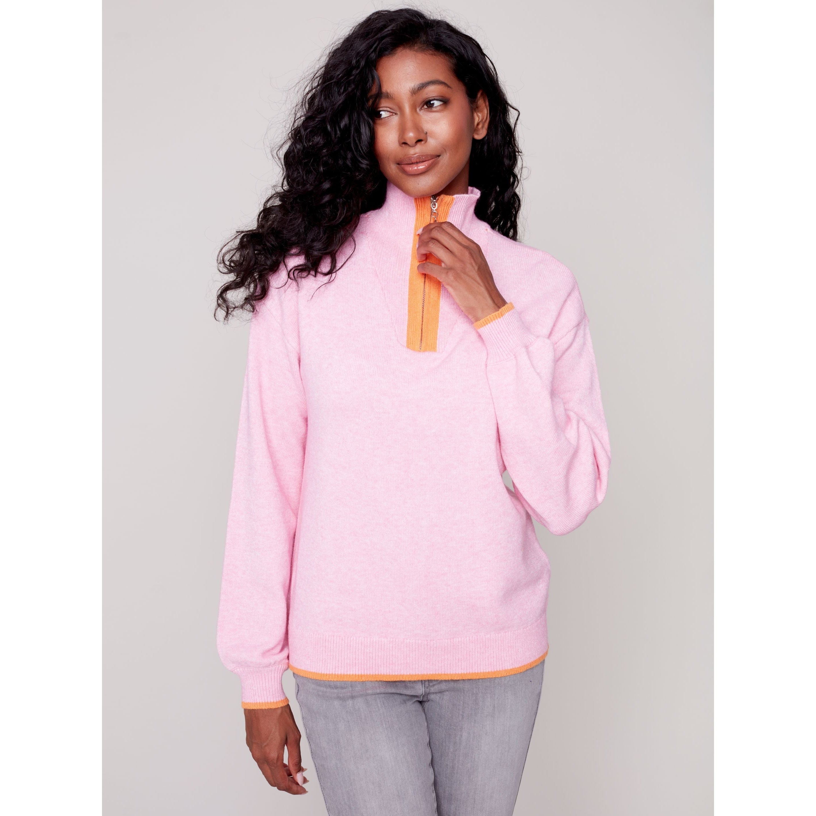 QUARTER ZIP HIGH COLLAR SWEATER-Jackets & Sweaters-CHARLIE B-Coriander