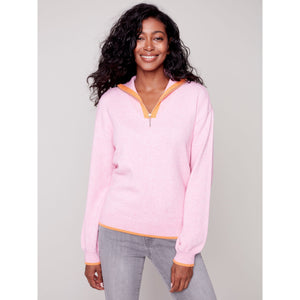 QUARTER ZIP HIGH COLLAR SWEATER-Jackets & Sweaters-CHARLIE B-SMALL-ORCHID-Coriander