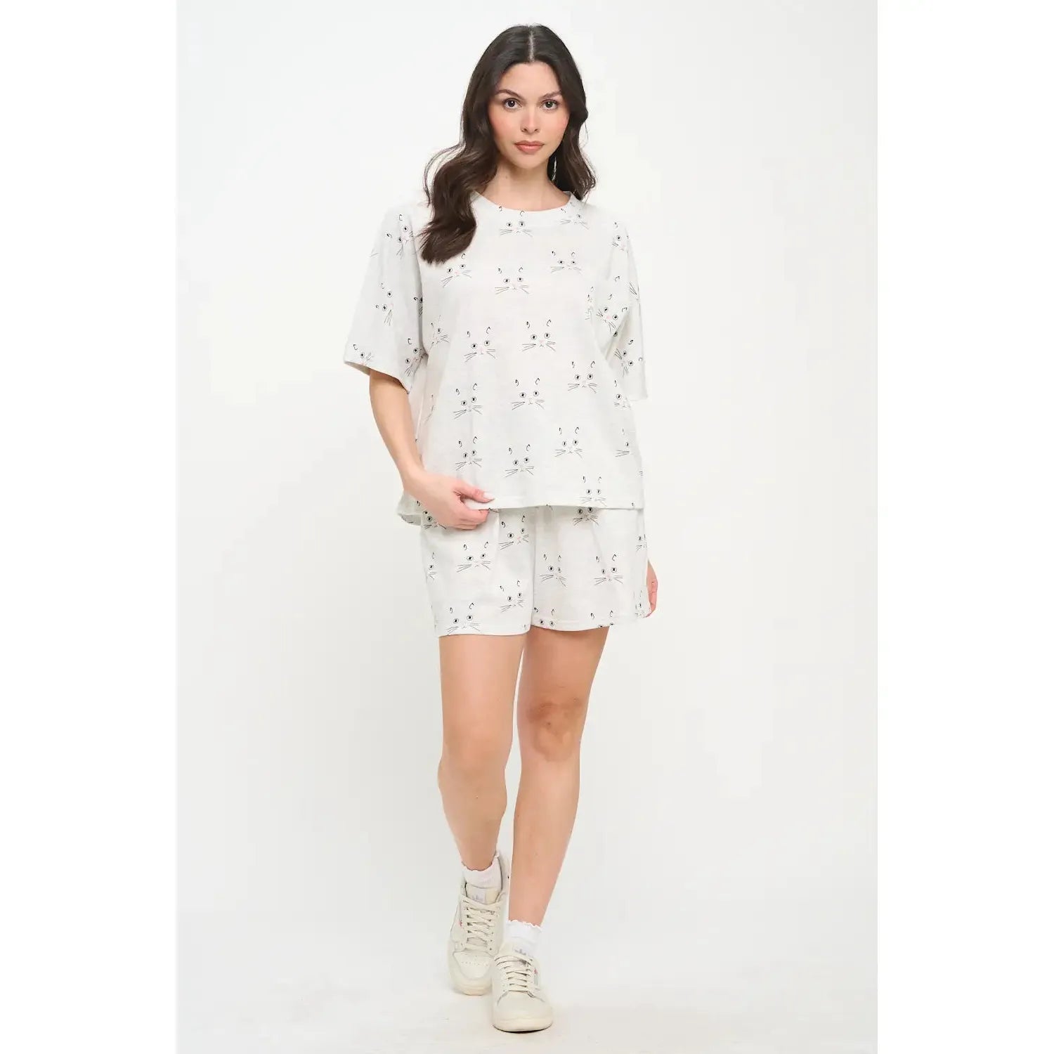 RELAXED T-SHIRT | CAT FACES-Top-SM WARDROBE-Coriander