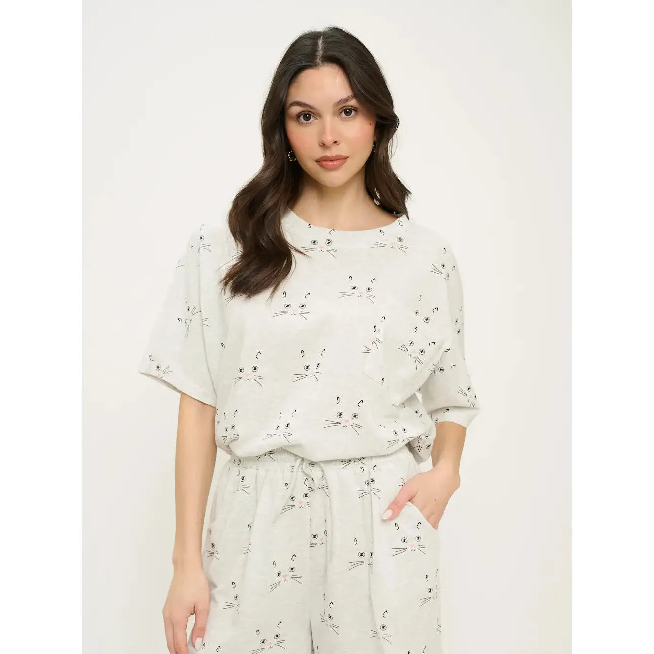 RELAXED T-SHIRT | CAT FACES-Top-SM WARDROBE-Coriander