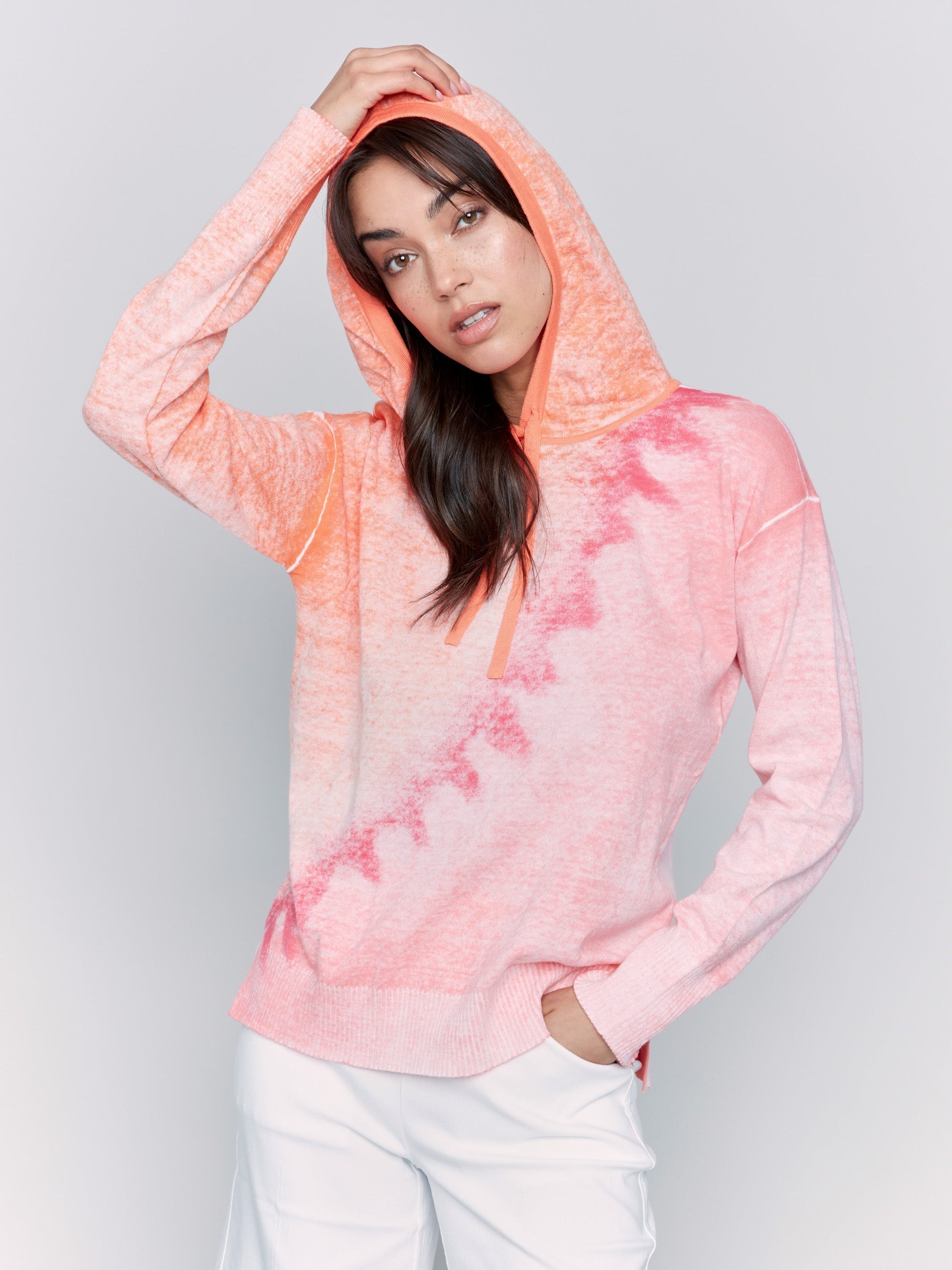 REVERSE PRINTED HOODIE SWEATER-Jackets & Sweaters-CHARLIE B-XSMALL-PAPAYA-Coriander