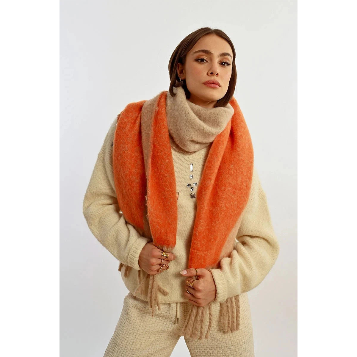 REVERSIBLE FRINGED SCARF-Accessories-MOLLY BRACKEN-Coriander