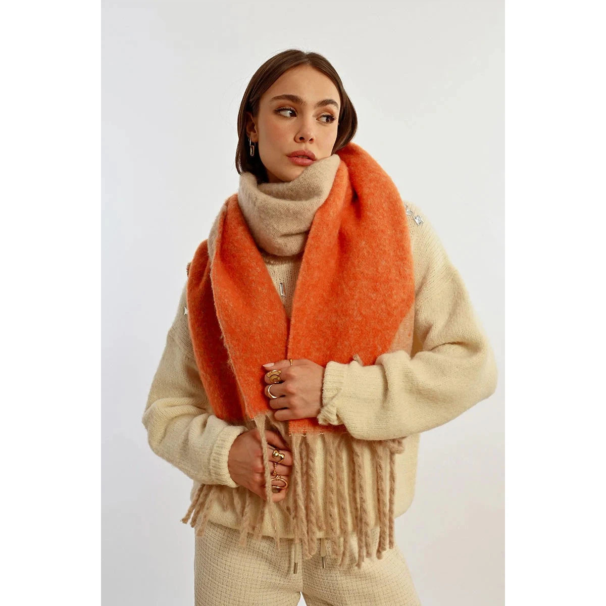 REVERSIBLE FRINGED SCARF-Accessories-MOLLY BRACKEN-Coriander