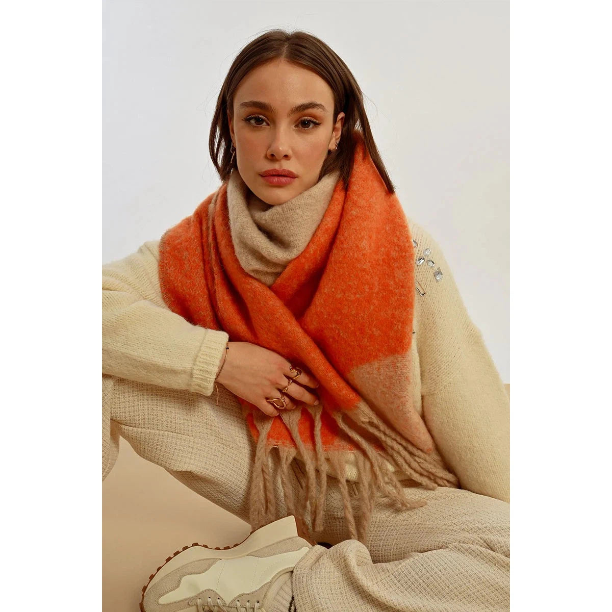 REVERSIBLE FRINGED SCARF-Accessories-MOLLY BRACKEN-Coriander