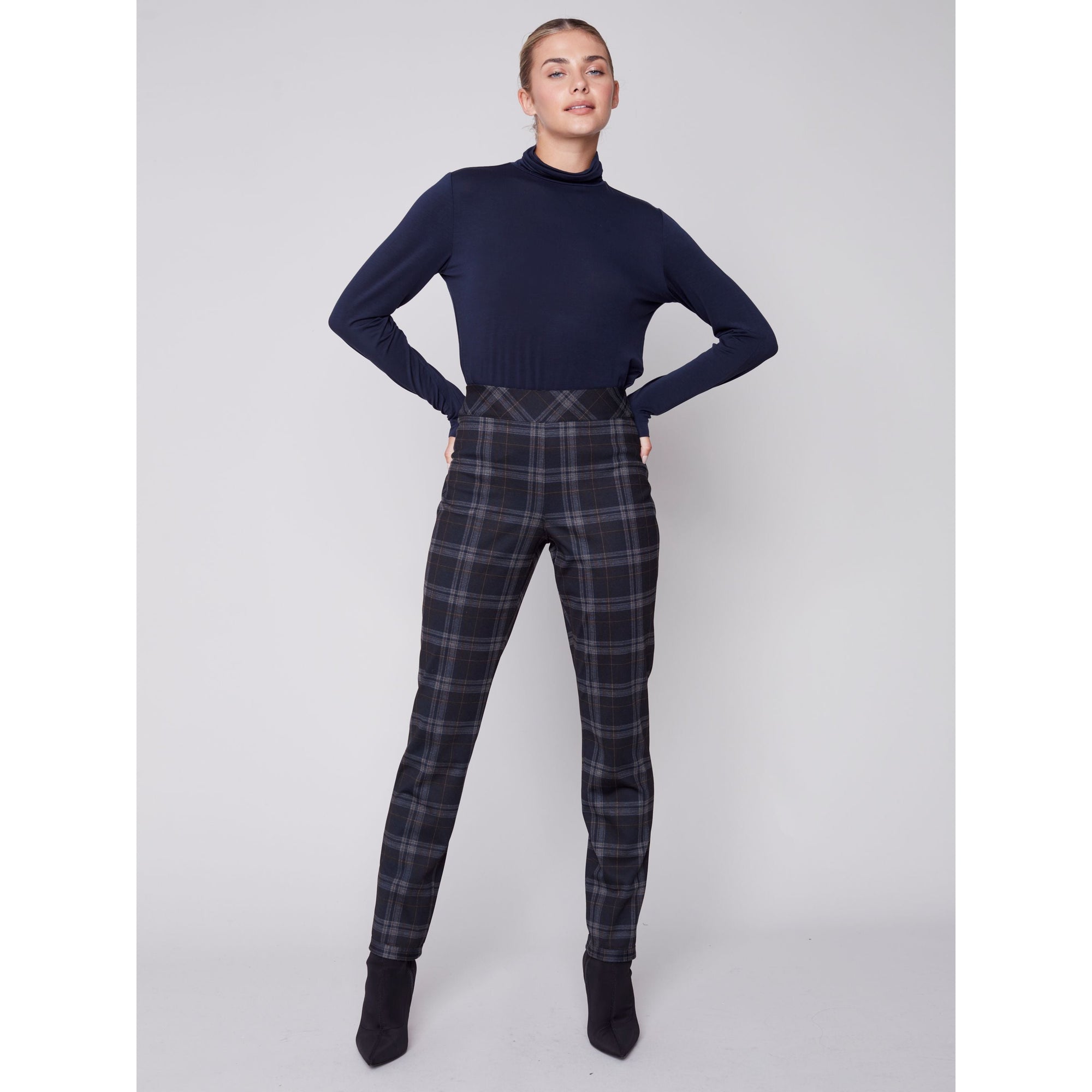REVERSIBLE PULL ON PLAID PANT - CHOCOLATE-Bottoms-CHARLIE B-Coriander