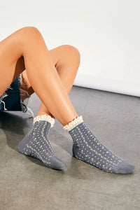 ROSEBUD WAFFLE KNIT ANKLE SOCKS | CHARCOAL-Socks & Footwear-FREE PEOPLE-Coriander