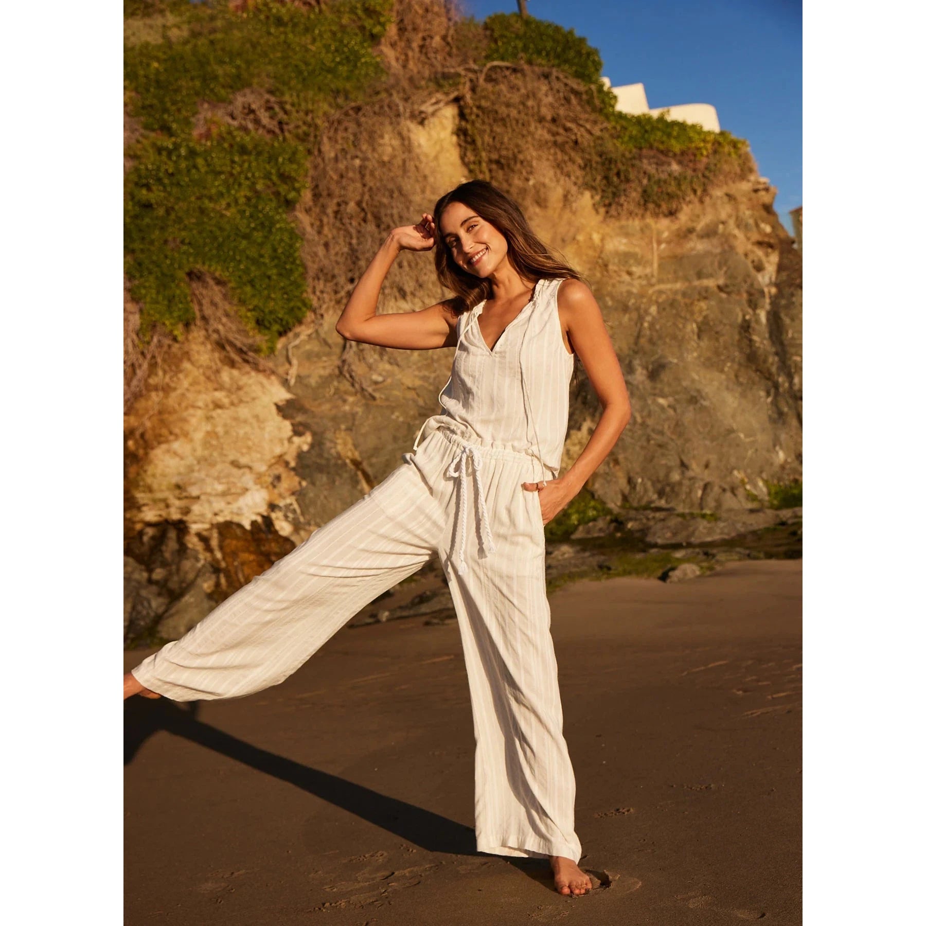 RUFFLE WAIST WIDE LEG PANT-Bottoms-BELLA DAHL-SMALL-WHITE SAND STRIPE-Coriander