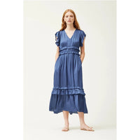 RUFFLED V-NECK DRESS-Dresses-GRADE AND GATHER-SMALL-BLUE CORN-Coriander