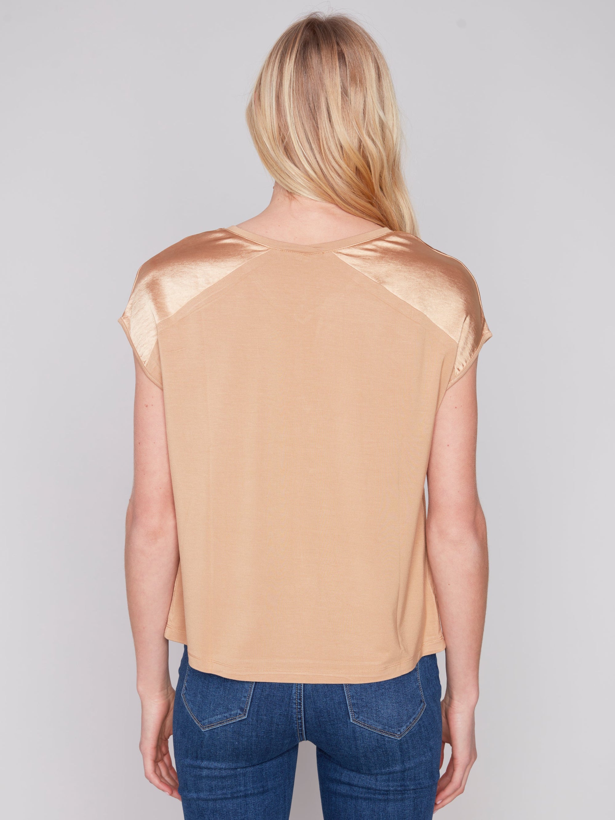 SATIN KNIT COMBO V-NECK TOP-Tops-CHARLIE B-Coriander