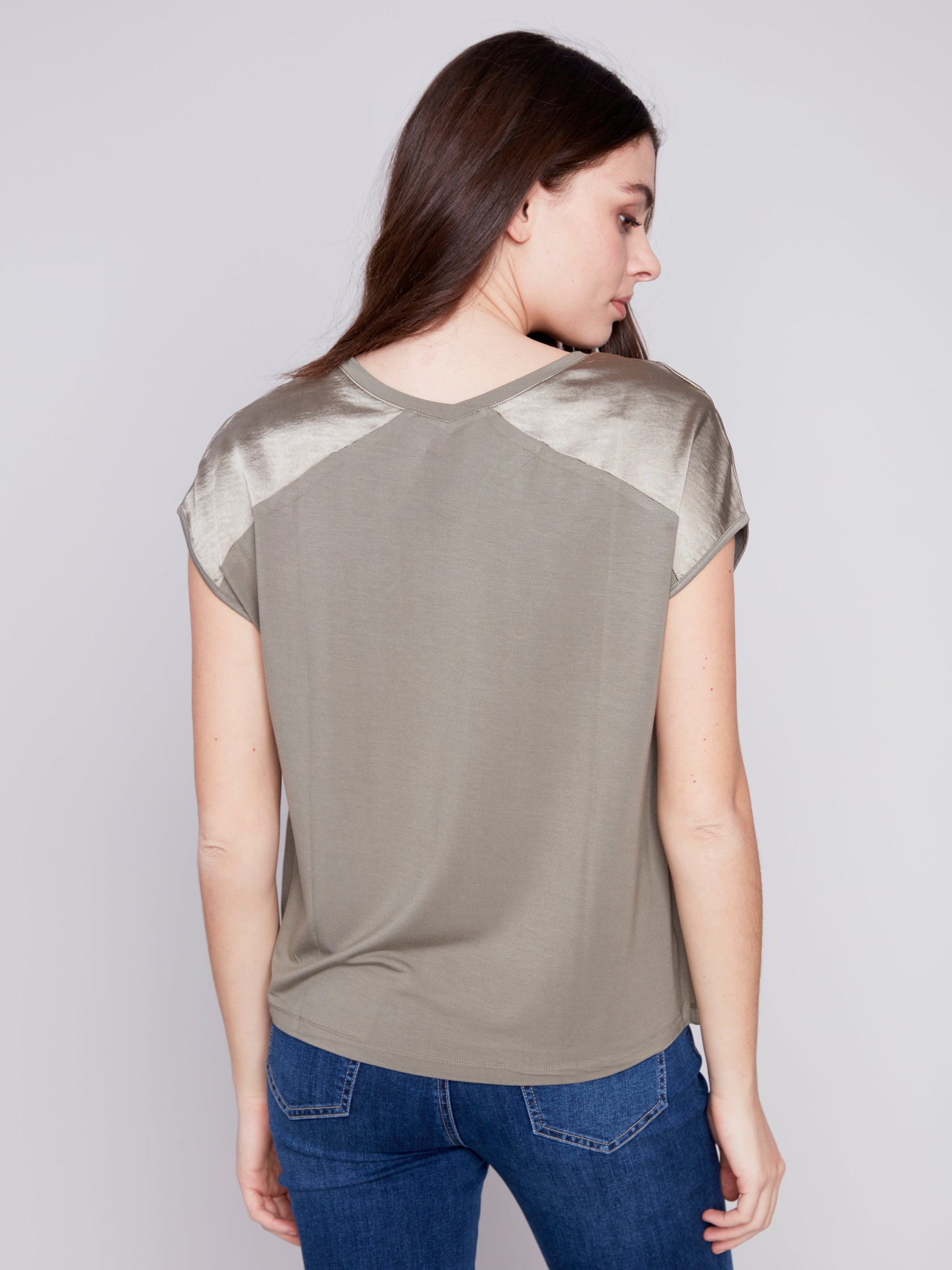 SATIN KNIT COMBO V-NECK TOP-Tops-CHARLIE B-Coriander