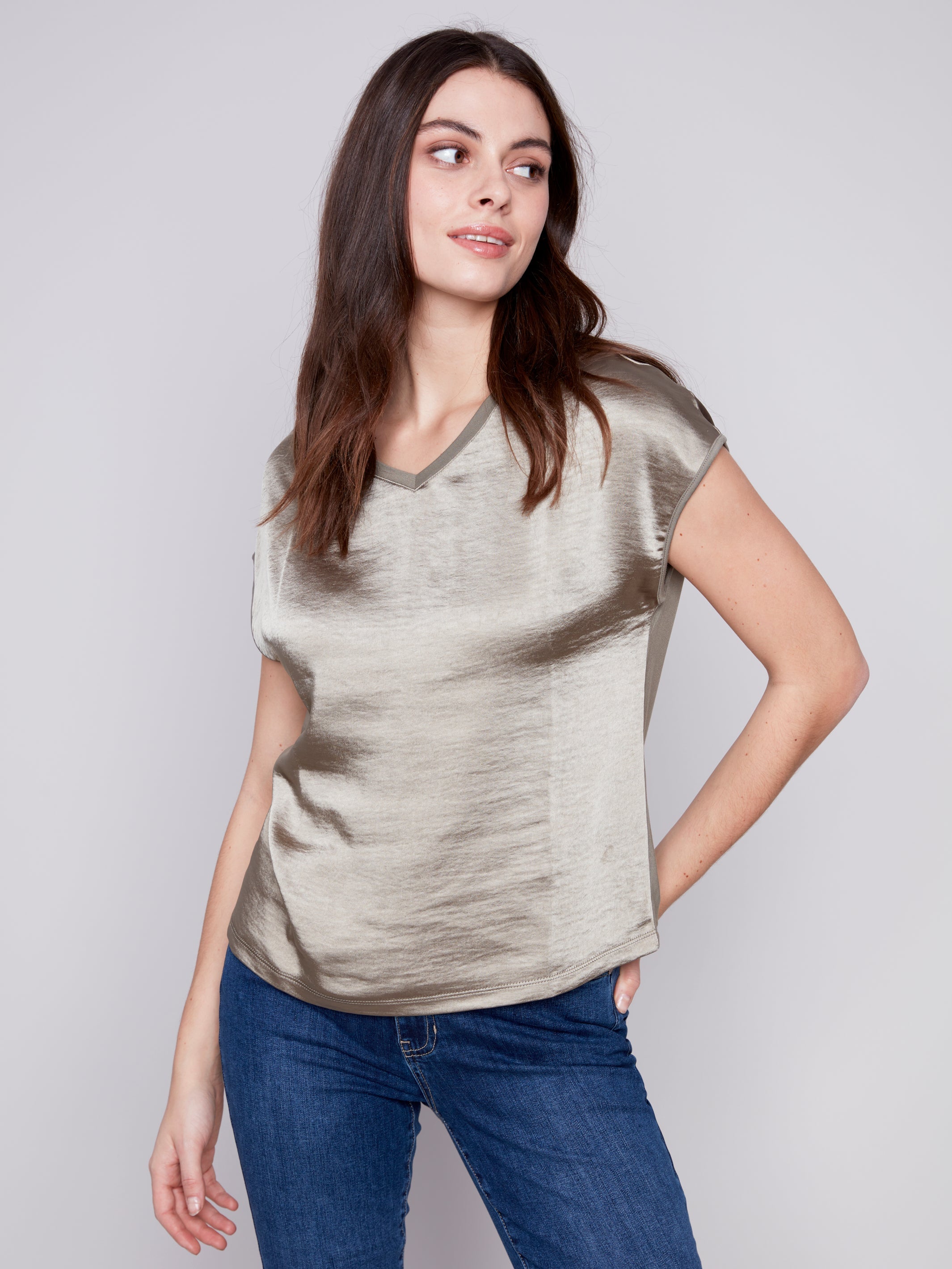 SATIN KNIT COMBO V-NECK TOP-Tops-CHARLIE B-XSMALL-CELADON-Coriander