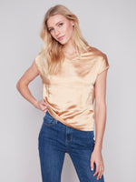 SATIN KNIT COMBO V-NECK TOP-Tops-CHARLIE B-XSMALL-CORN-Coriander