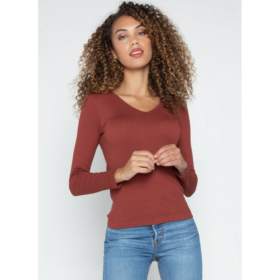 SEAMLESS RIBBED V-NECK TOP-Tops-CEST MOI-ONE-BRANDY-Coriander