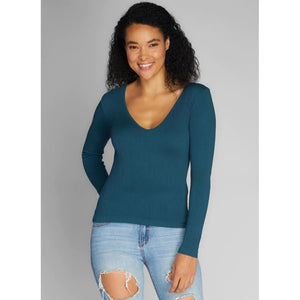 SEAMLESS RIBBED V-NECK TOP-Tops-CEST MOI-ONE-TEAL-Coriander