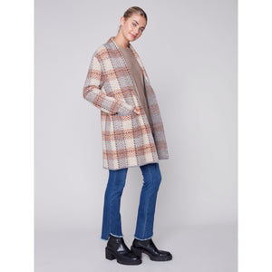 SHAWL NECK PLAID JACQUARD CARDIGAN-Jackets & Sweaters-CHARLIE B-Coriander