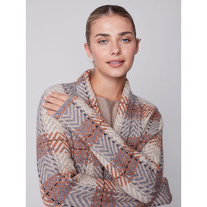 SHAWL NECK PLAID JACQUARD CARDIGAN-Jackets & Sweaters-CHARLIE B-SMALL-TRUFFLE-Coriander