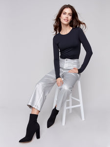 SHINY WAX FLARE LEG PANT-Bottoms-CHARLIE B-Coriander