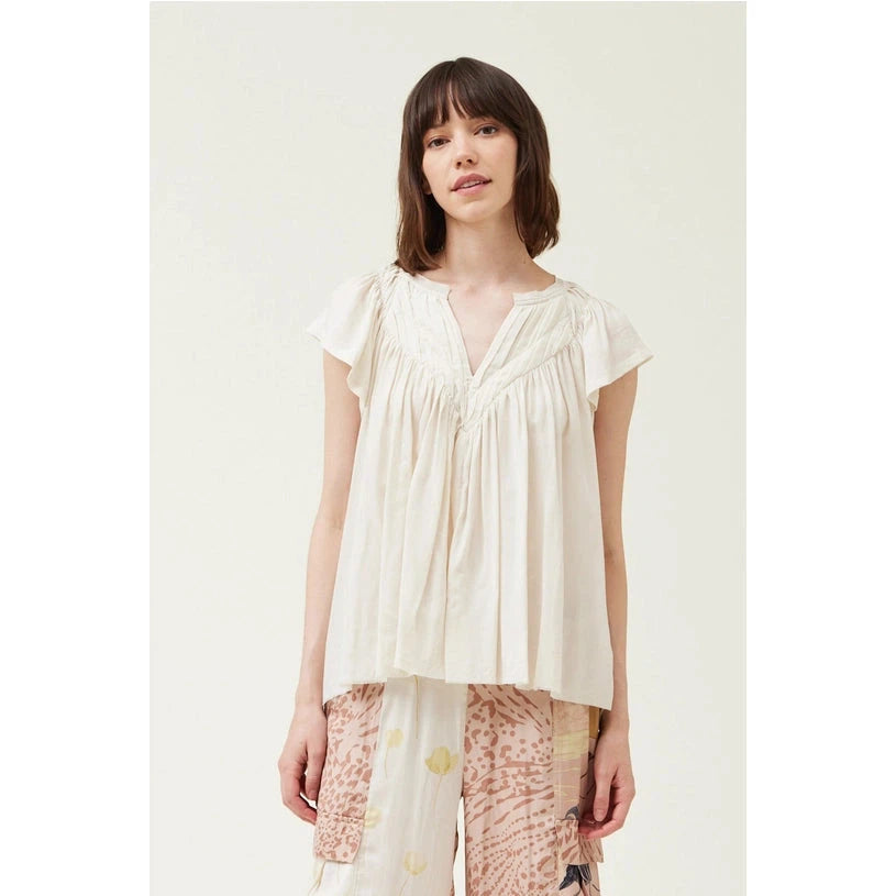 SHIRRING DETAIL SUMMER BLOUSE-Tops-GRADE AND GATHER-SMALL-IVORY-Coriander